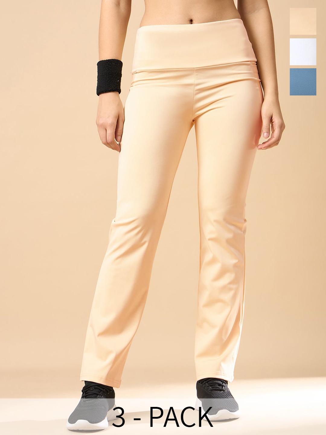 

COLOR CAPITAL Women Pack of 3 Slim-Fit Antimicrobial Ankle Length Gym Tights, Beige