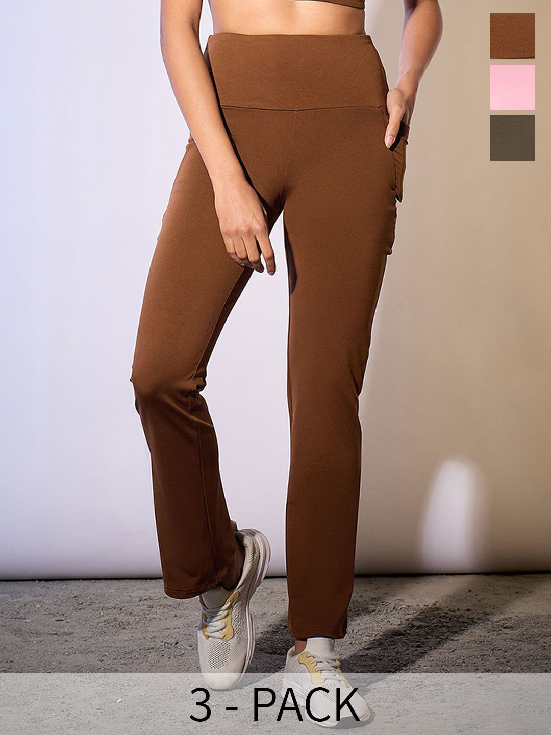 

COLOR CAPITAL Women Pack Of 3 Slim-Fit Ankle Length Gym Tights, Brown