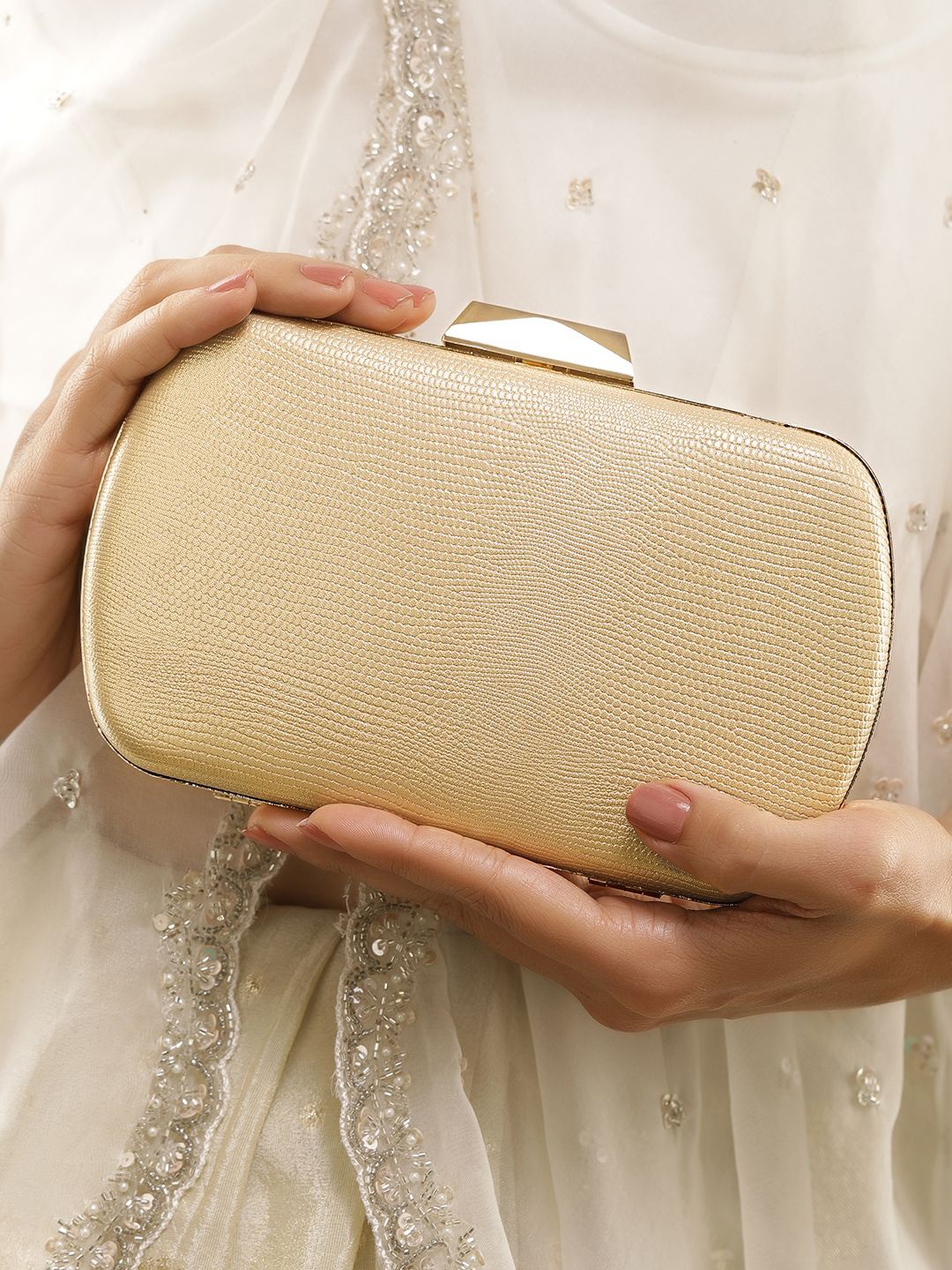 

Rubans Textured Embellished Box Clutch, Gold