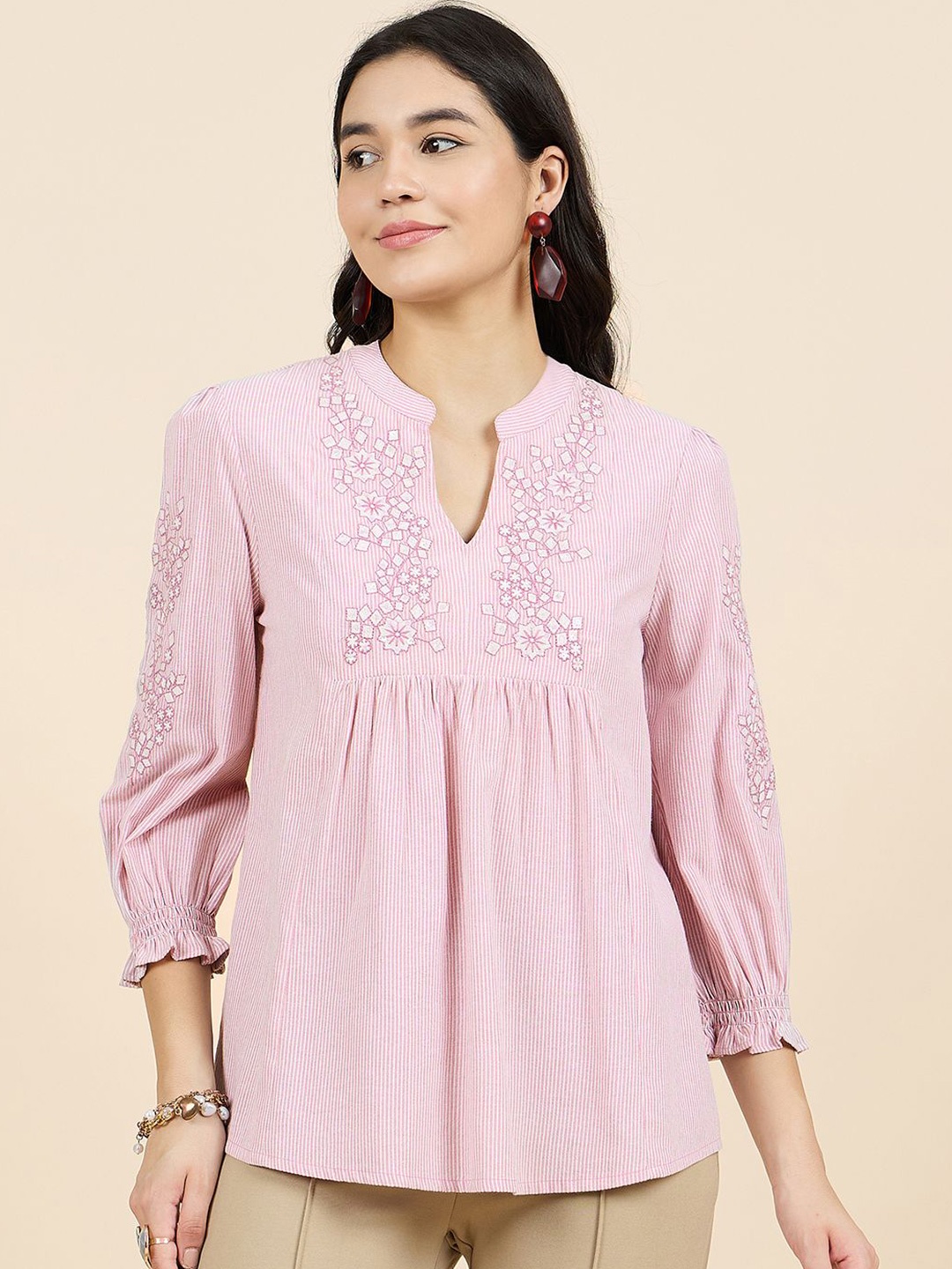 

Gipsy Mandarin Collar Embroidered Tunic, Pink