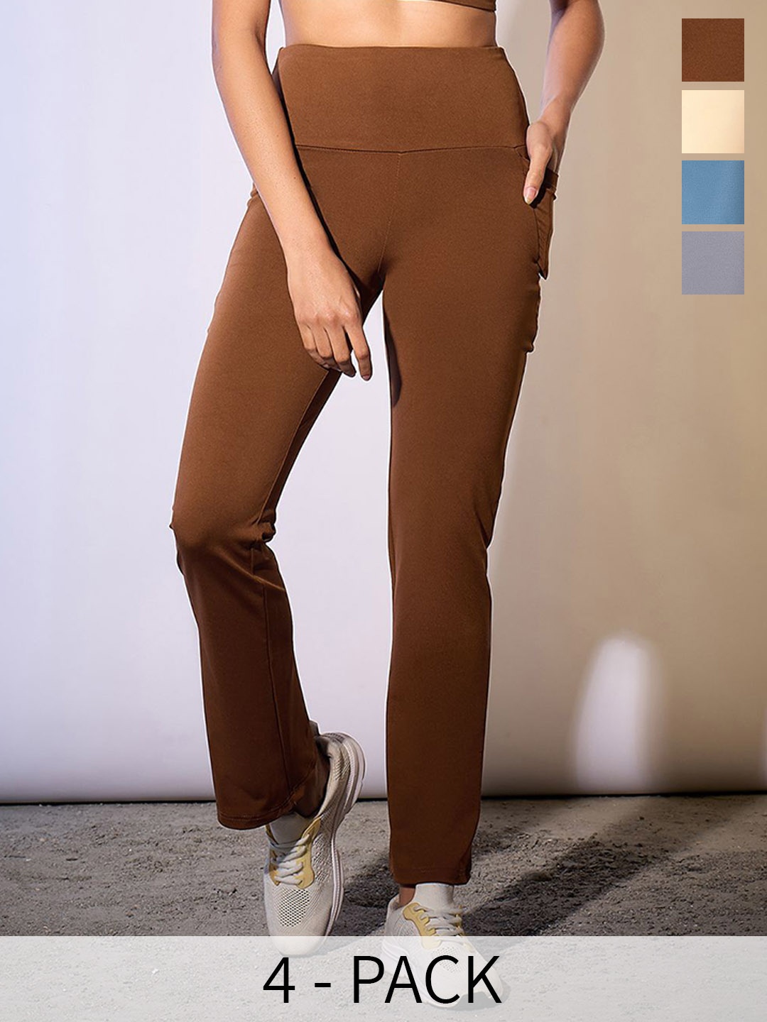 

COLOR CAPITAL Women Pack Of 4 Slim-Fit Ankle Length Gym Tights, Brown