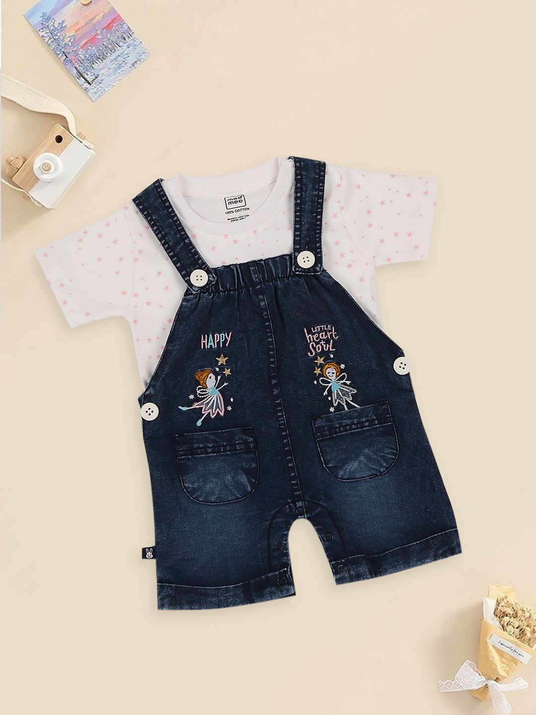 

MeeMee Boys Embroidered Dungaree With Conversational Printed T-Shirt, Blue