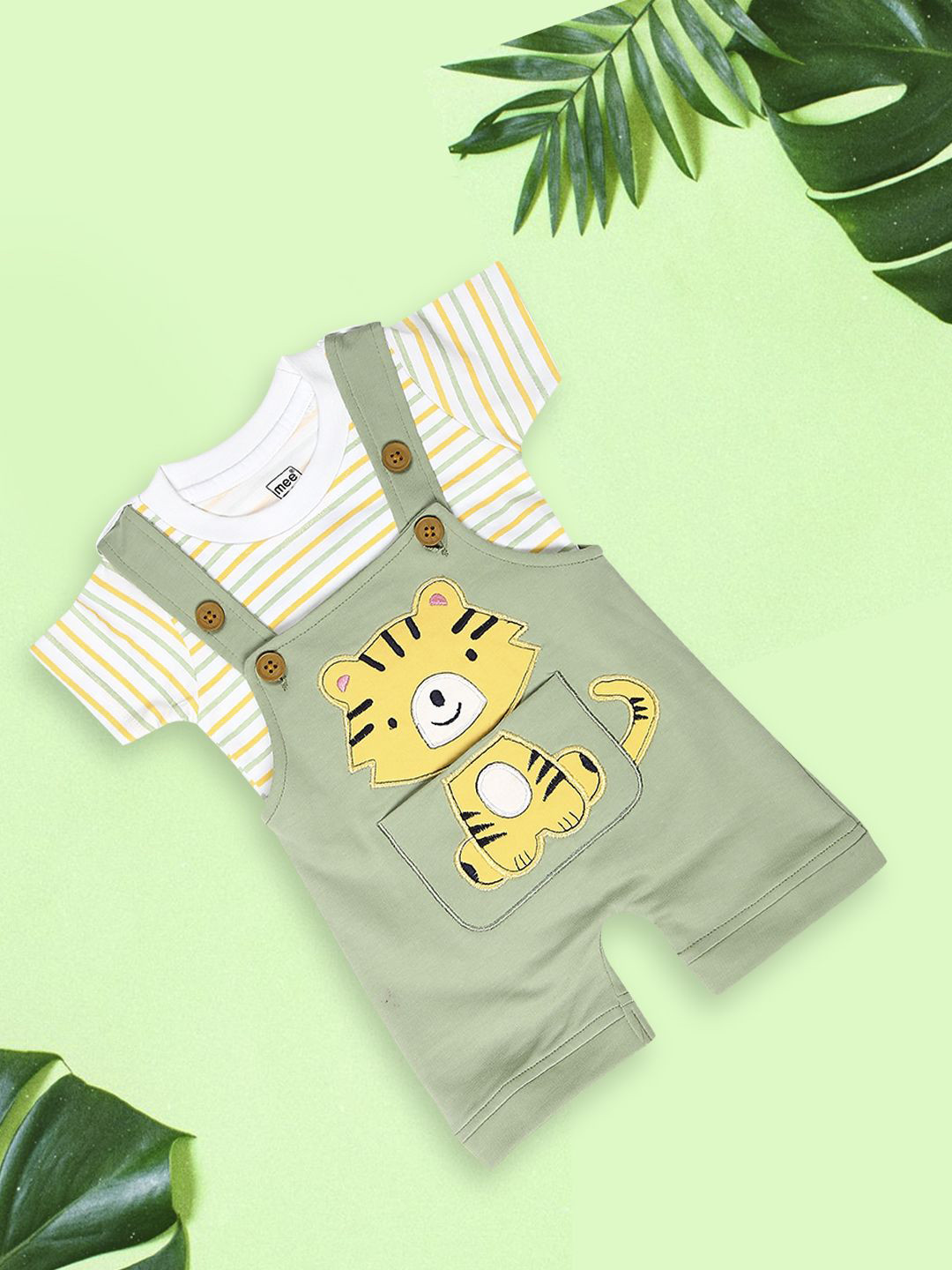 

MeeMee Boys Animal Graphic Dungarees With Striped Round Neck Pure Cotton T-shirt, Green