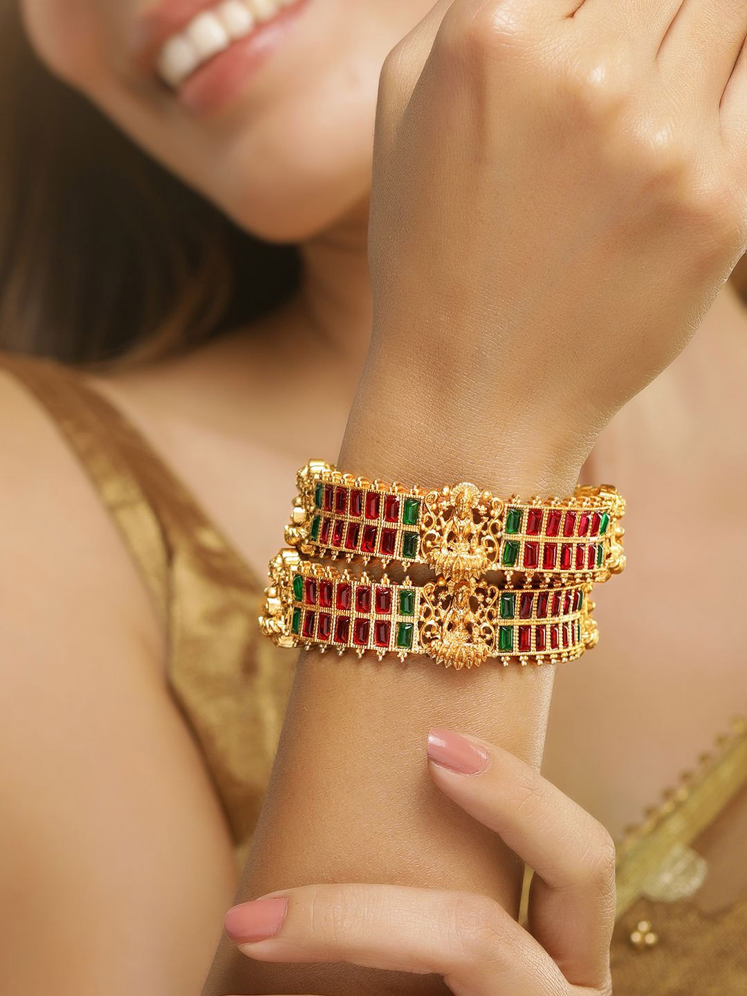 

Rubans Set of 2 24K Gold-Plated Lakshmi Motif Ruby & Emerald Studded Bangles