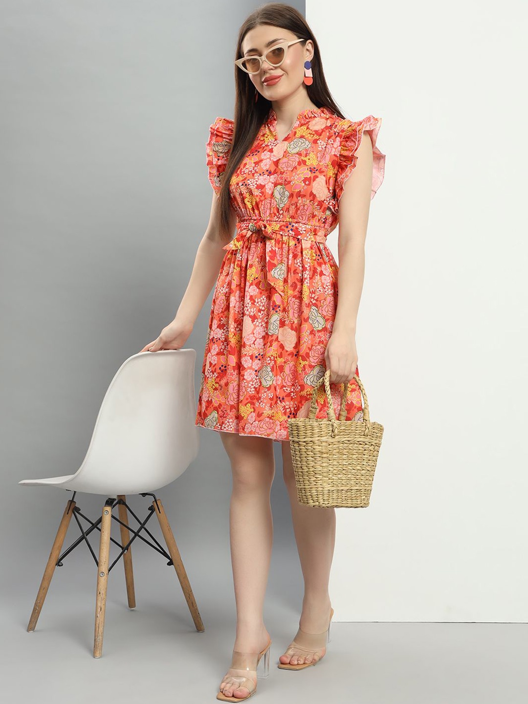 

ADDYVERO Floral Print Flutter Sleeve Ruffled Crepe Fit & Flare Dress, Multi