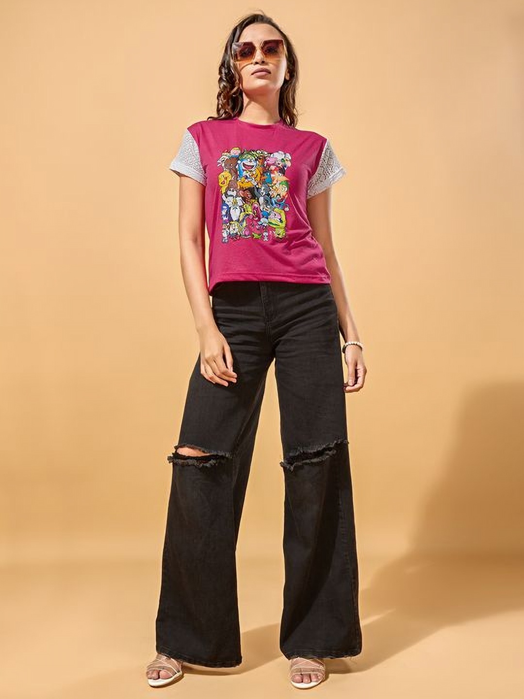 

STHULAS Women Floral Printed Extended Sleeves T-shirt, Pink