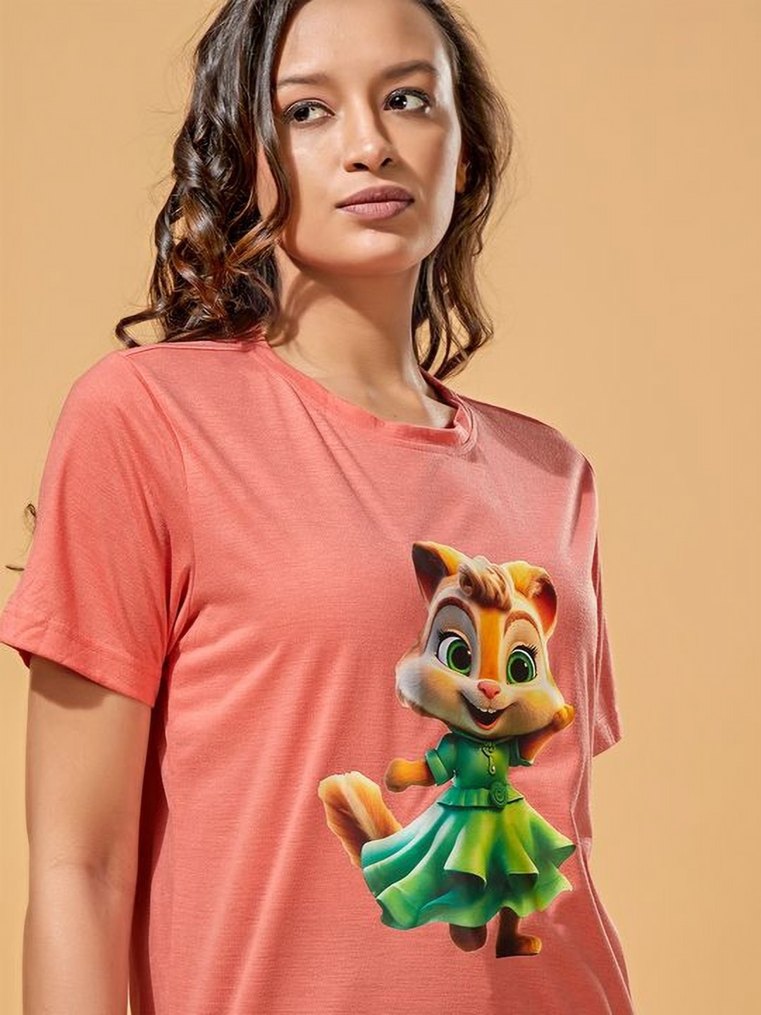 

STHULAS Women Printed Extended Sleeves T-shirt, Peach
