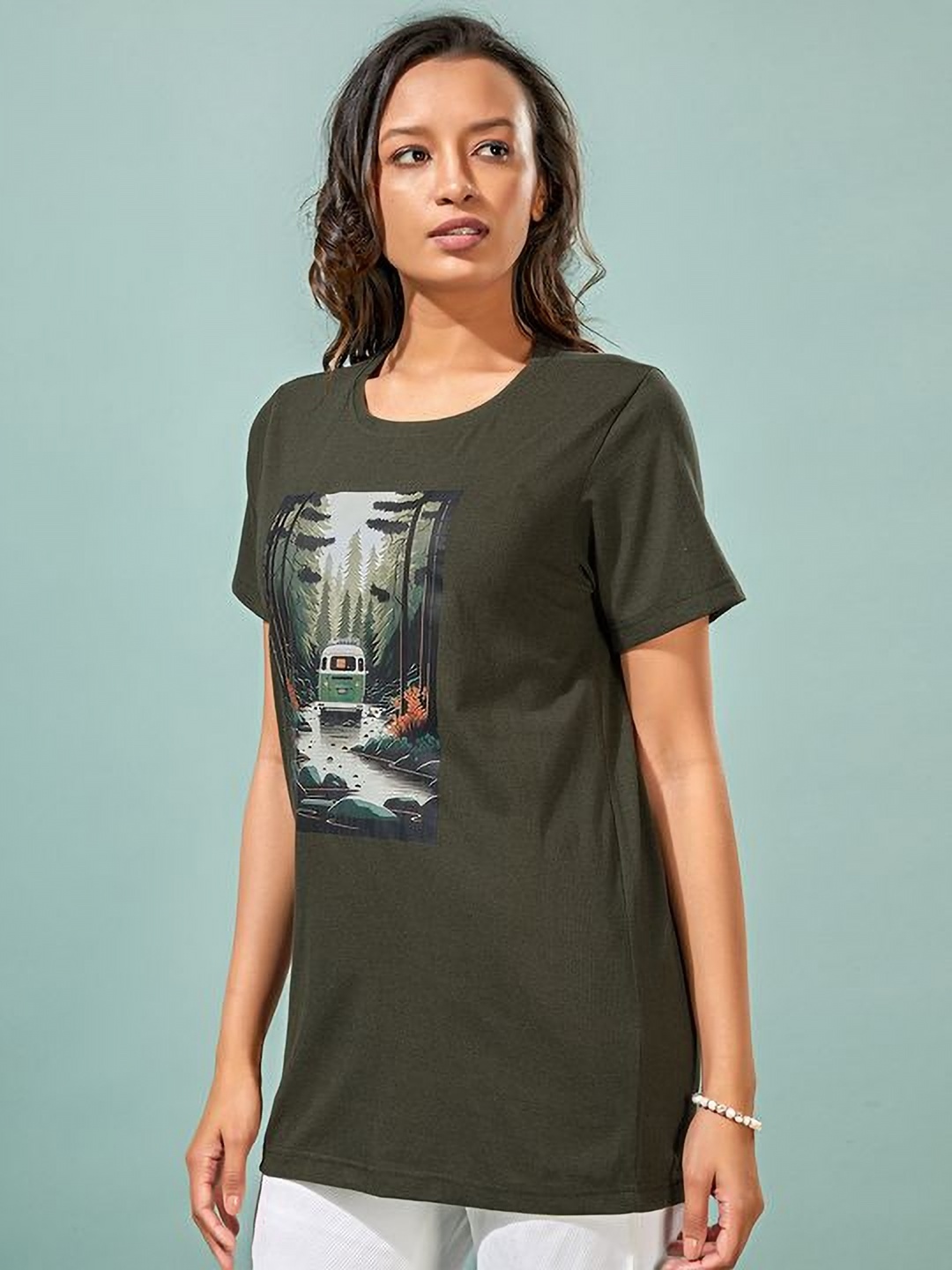 

STHULAS Women Printed Applique T-shirt, Green