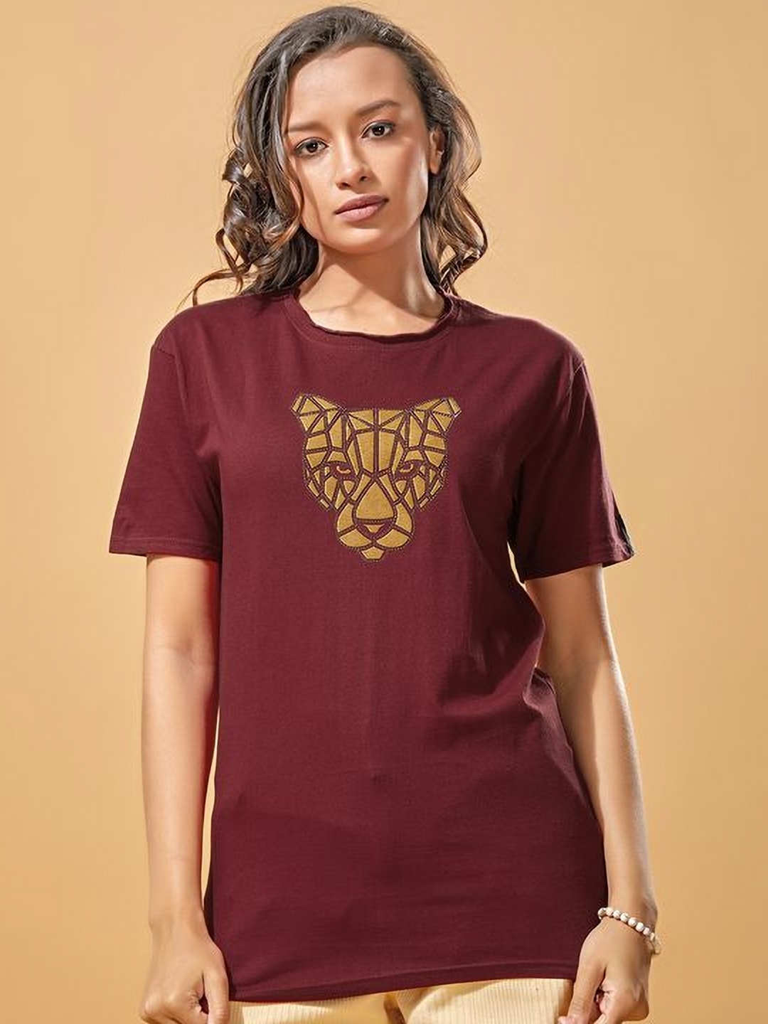 

STHULAS Women Sports Printed Drop-Shoulder Sleeves T-shirt, Maroon