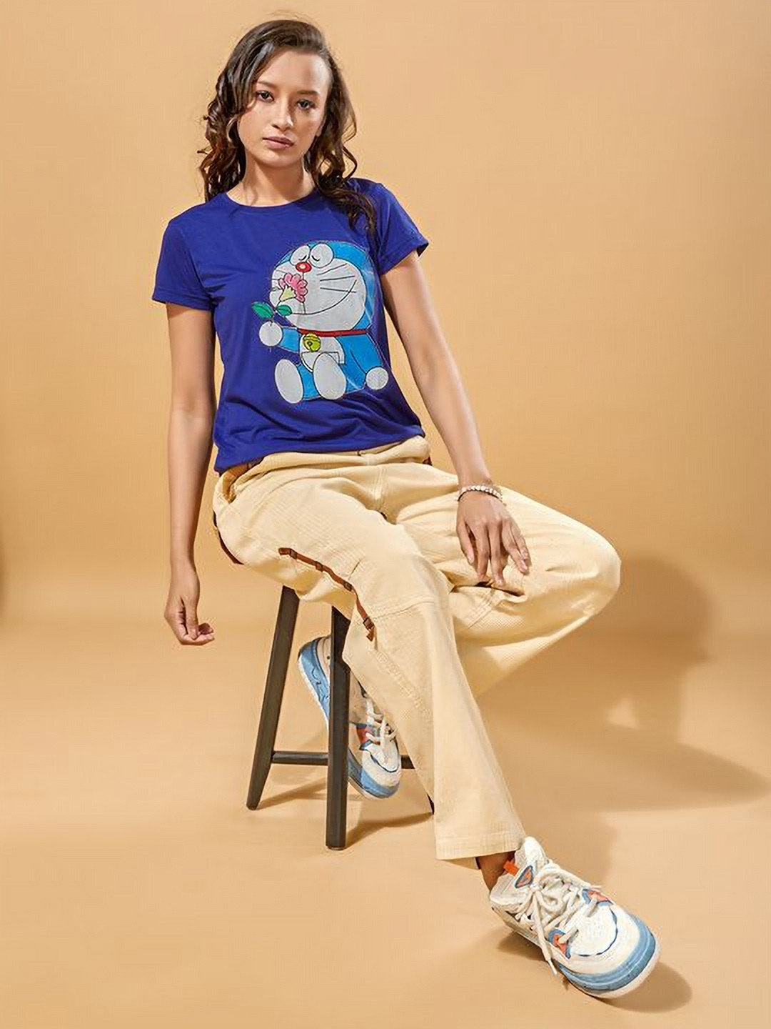 

STHULAS Women Printed Extended Sleeves Applique T-shirt, Blue