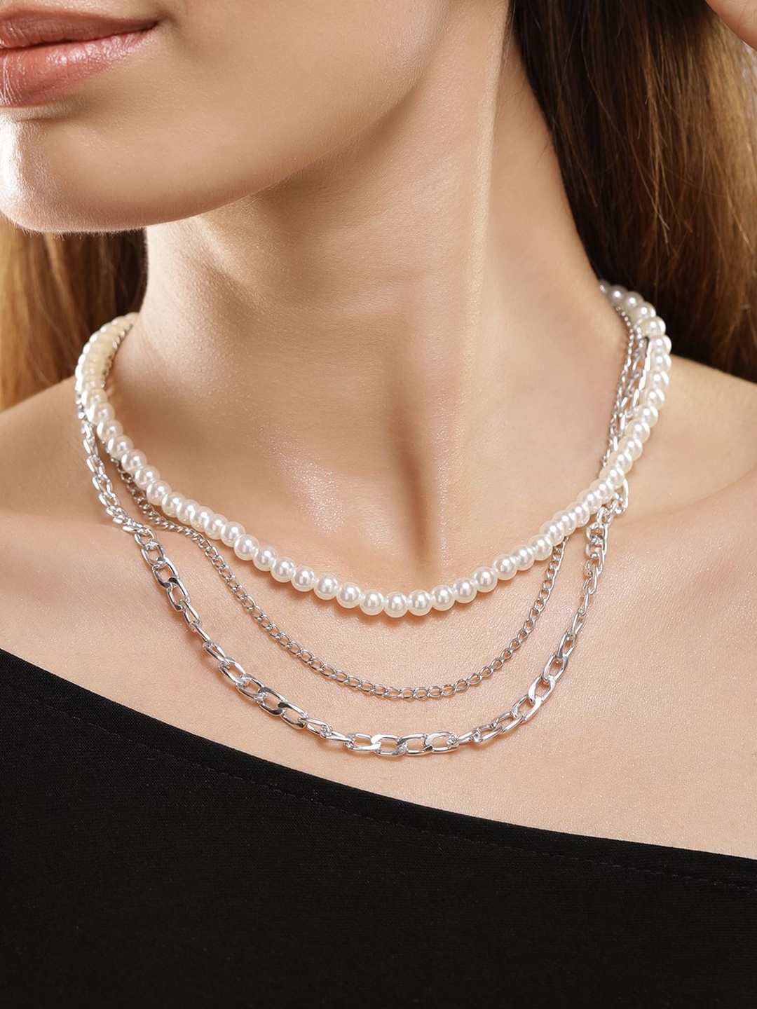 

TOKYO TALKIES X rubans FASHION ACCESSORIES Rhodium-Plated Beaded 3 Layered Neckalce, Silver