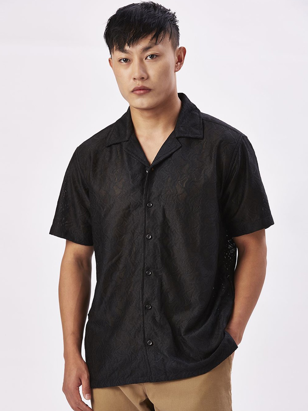 

VALEN CLUB Men Relaxed Spread Collar Semi Sheer Shirt, Black