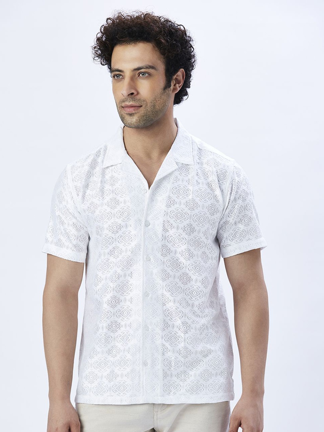 

VALEN CLUB Men Relaxed Floral Semi Sheer Printed Casual Shirt, White