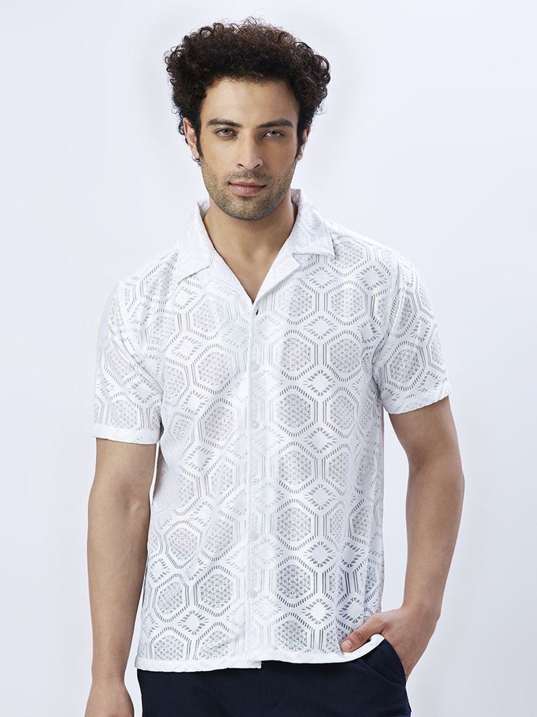 

VALEN CLUB Men Relaxed Semi Sheer Printed Casual Shirt, White