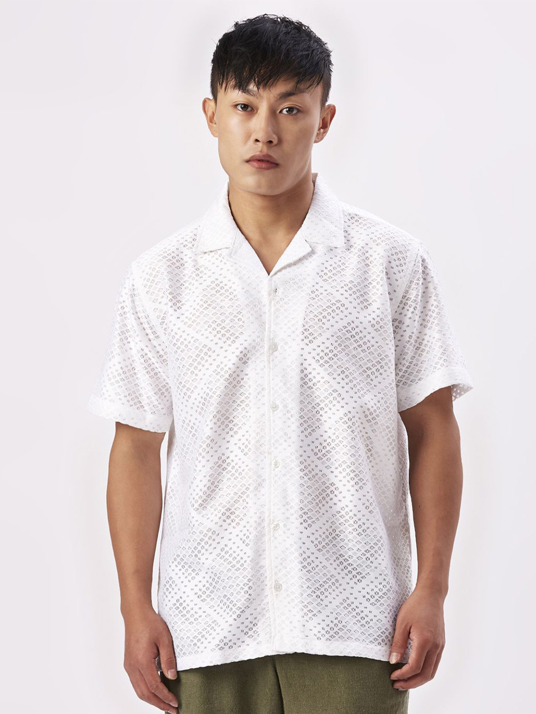 

VALEN CLUB Men Relaxed Semi Sheer Printed Casual Shirt, White