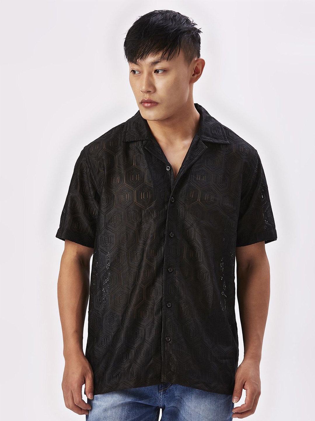 

VALEN CLUB Men Relaxed Semi Sheer Casual Shirt, Black