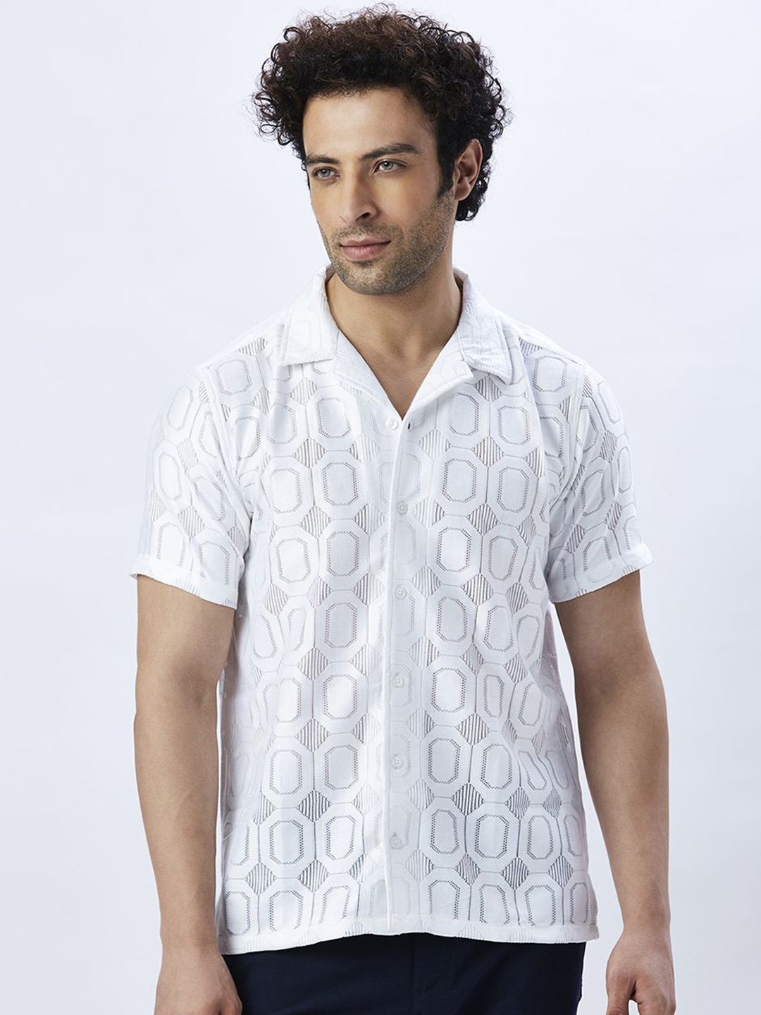 

VALEN CLUB Men Relaxed Semi Sheer Printed Casual Shirt, White