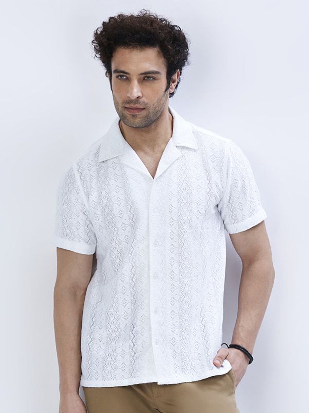 

VALEN CLUB Men Relaxed Semi Sheer Printed Casual Shirt, White