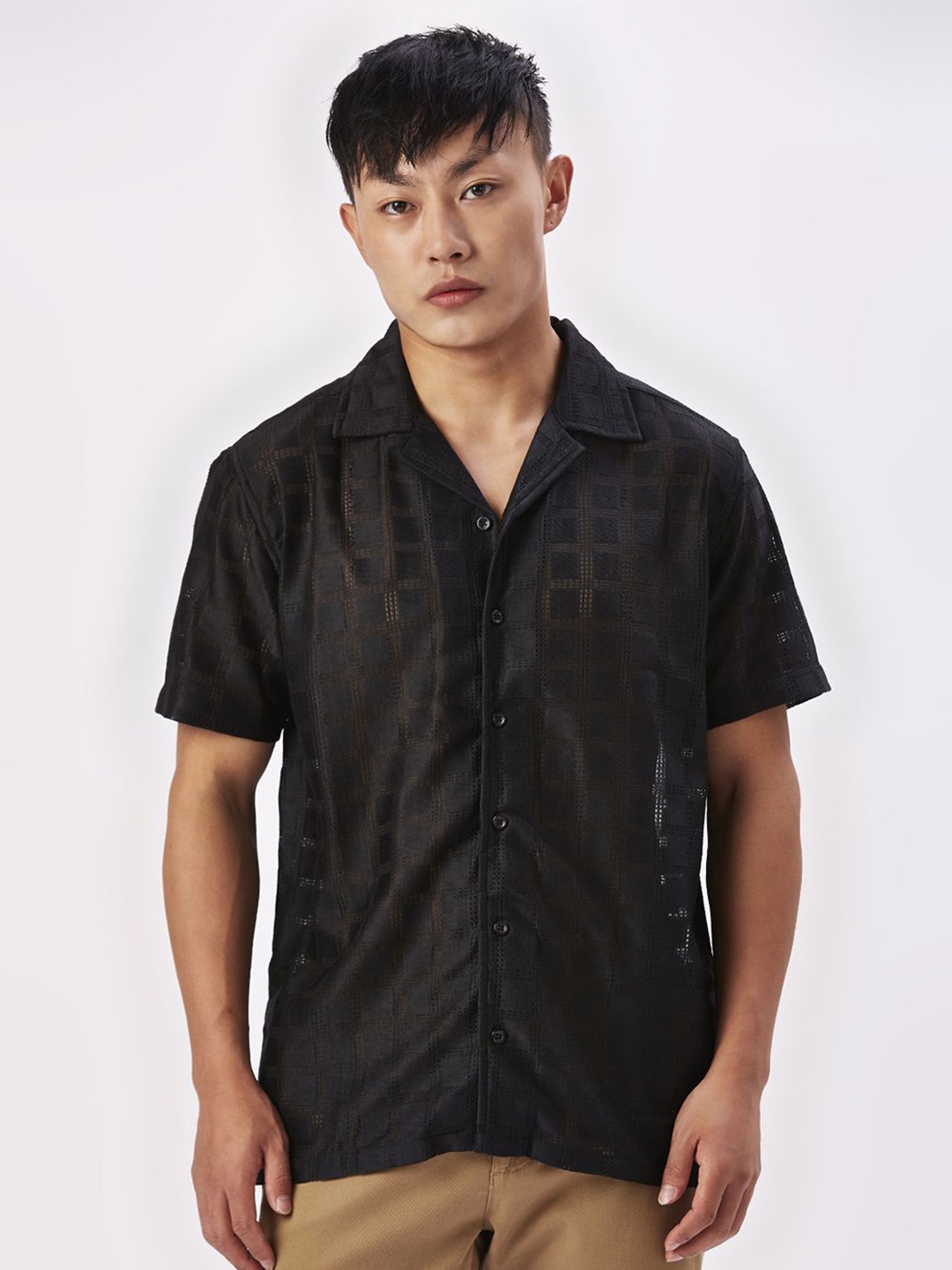 

VALEN CLUB Men Relaxed Semi Sheer Checked Casual Shirt, Black