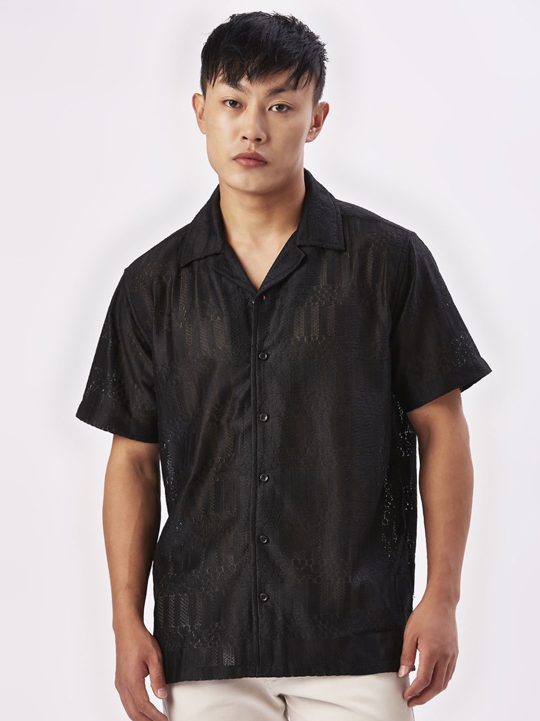 

VALEN CLUB Men Relaxed Spread Collar Semi Sheer Casual Shirt, Black