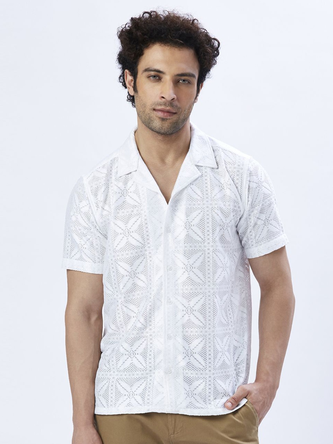 

VALEN CLUB Men Relaxed Floral Semi Sheer Printed Casual Shirt, White