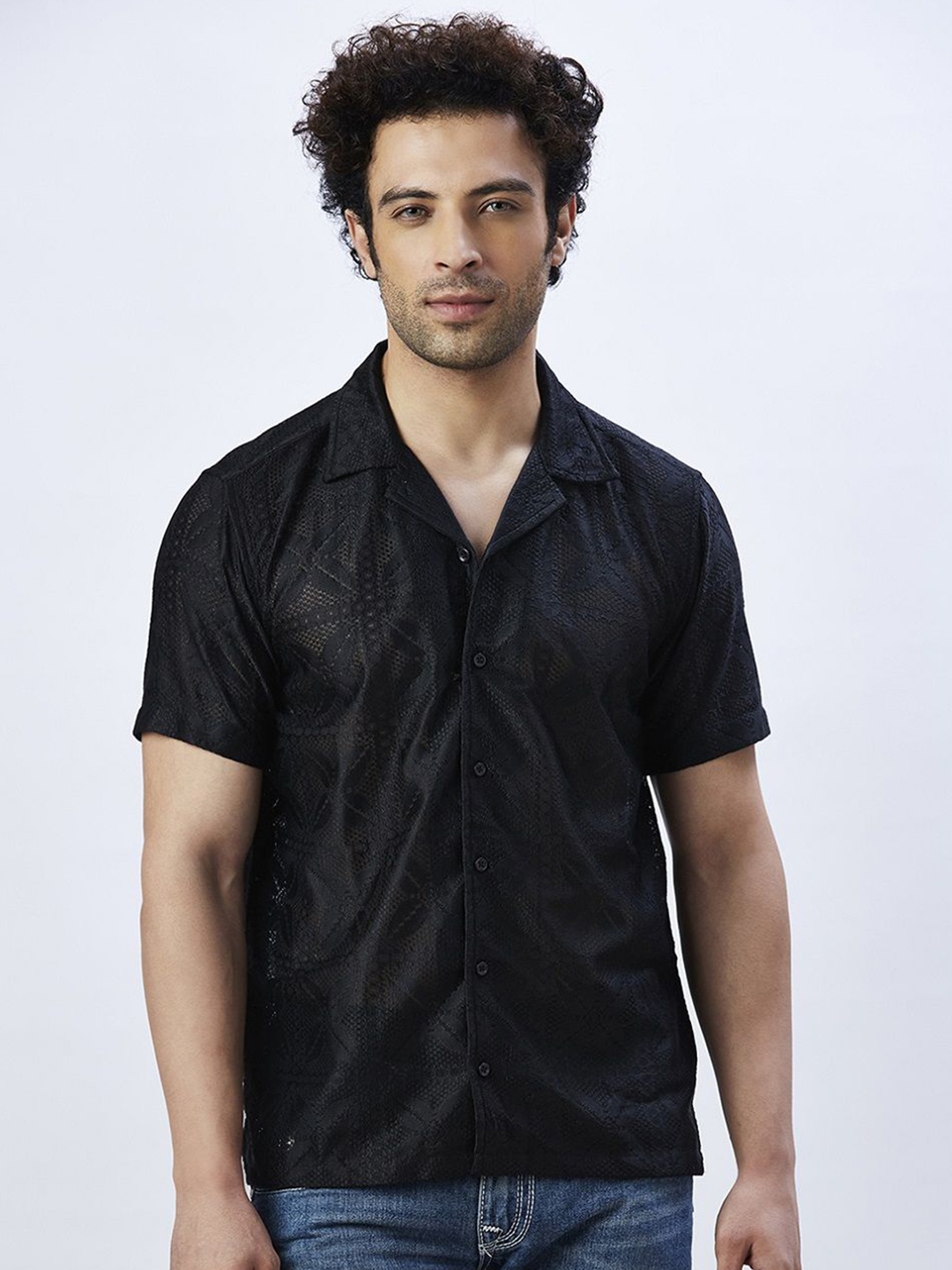 

VALEN CLUB Men Relaxed Semi Sheer Casual Shirt, Black