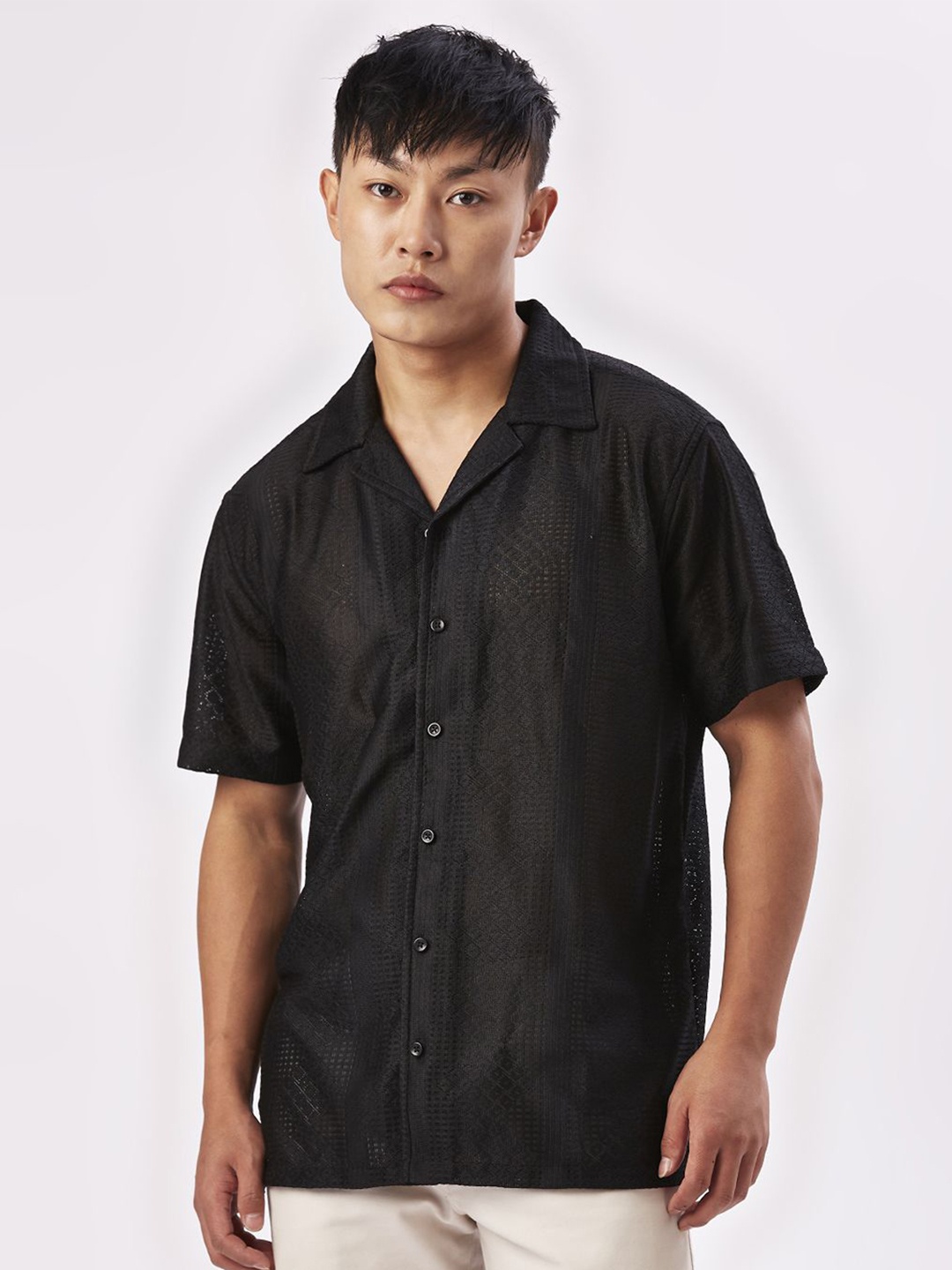 

VALEN CLUB Men Relaxed Semi Sheer Casual Shirt, Black