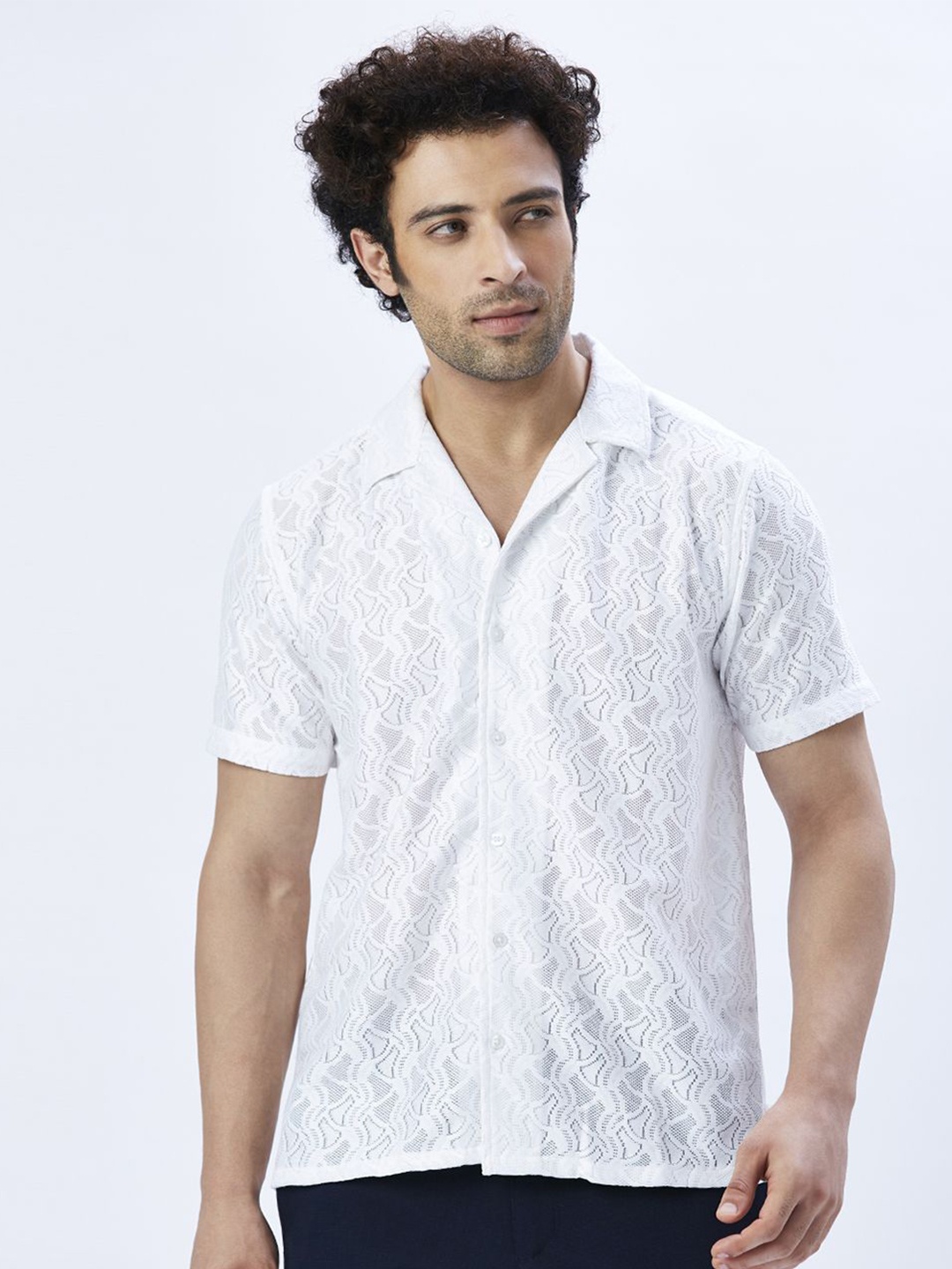 

VALEN CLUB Men Relaxed Semi Sheer Printed Casual Shirt, White