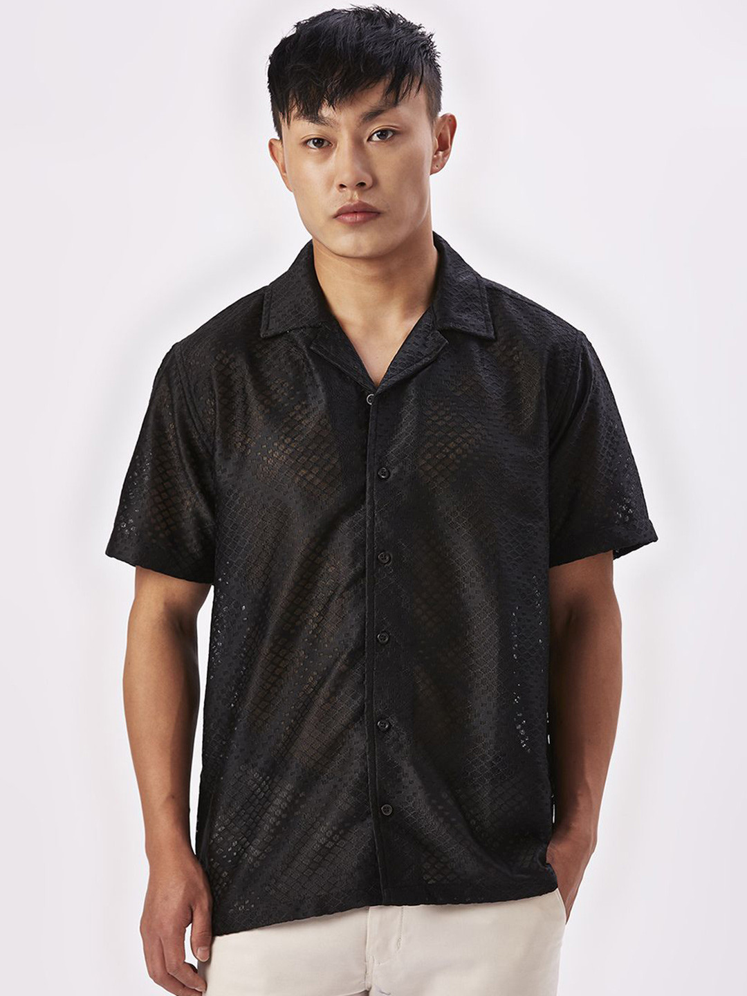 

VALEN CLUB Men Relaxed Semi Sheer Casual Shirt, Black