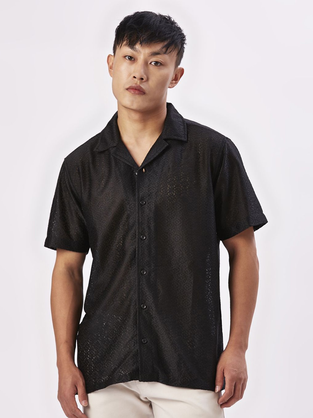 

VALEN CLUB Men Relaxed Semi Sheer Casual Shirt, Black