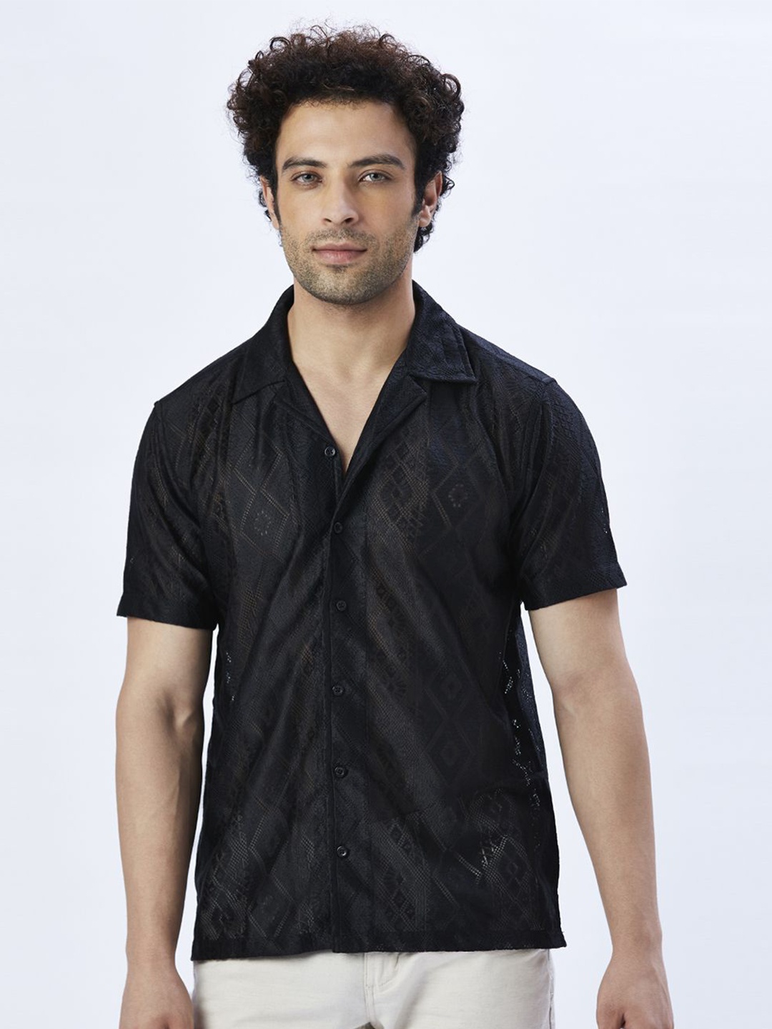 

VALEN CLUB Men Relaxed Semi Sheer Casual Shirt, Black