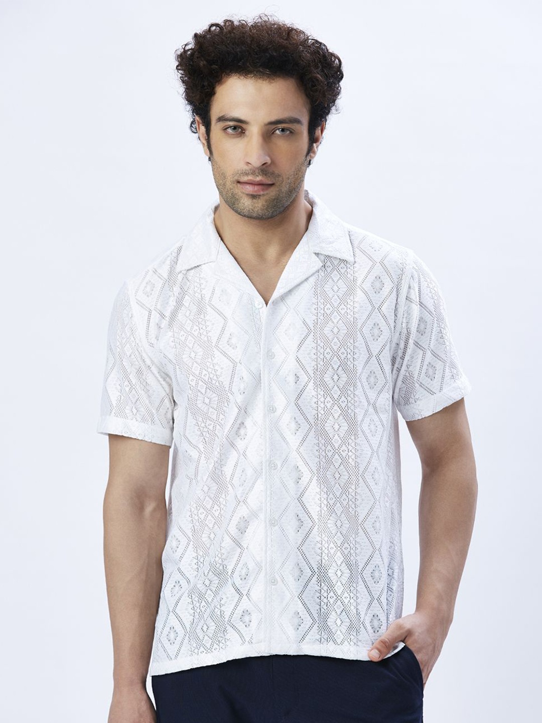 

VALEN CLUB Men Relaxed Semi Sheer Printed Casual Shirt, White