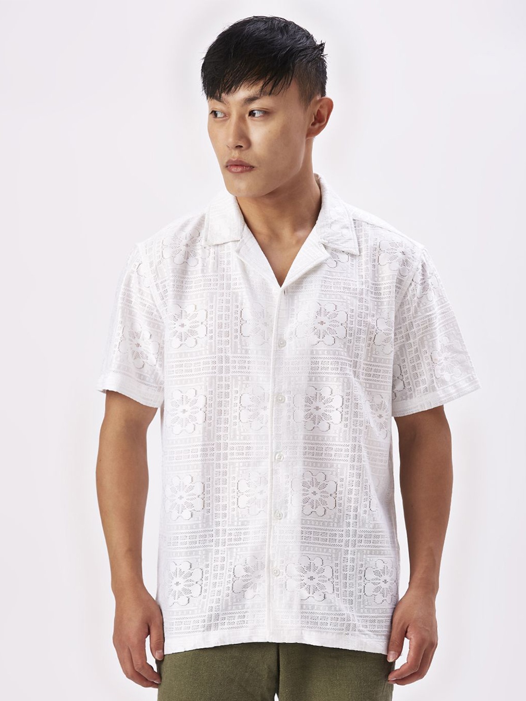 

VALEN CLUB Men Relaxed Spread Collar Self Design Semi Sheer Casual Shirt, White