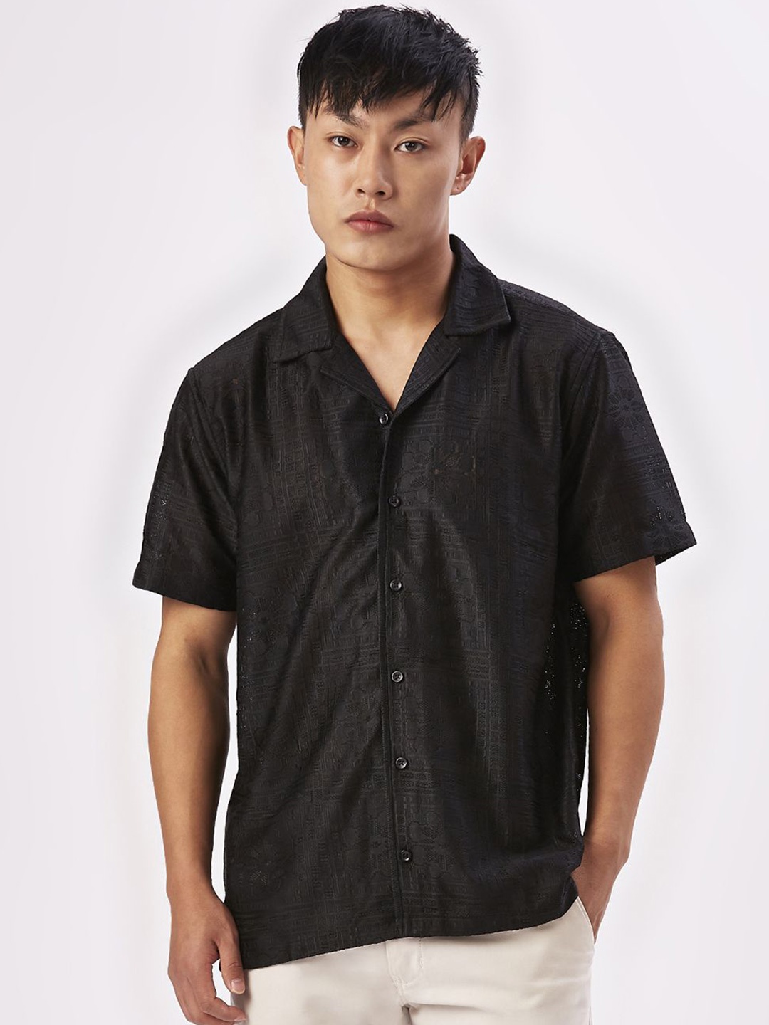 

VALEN CLUB Men Relaxed Semi Sheer Casual Shirt, Black
