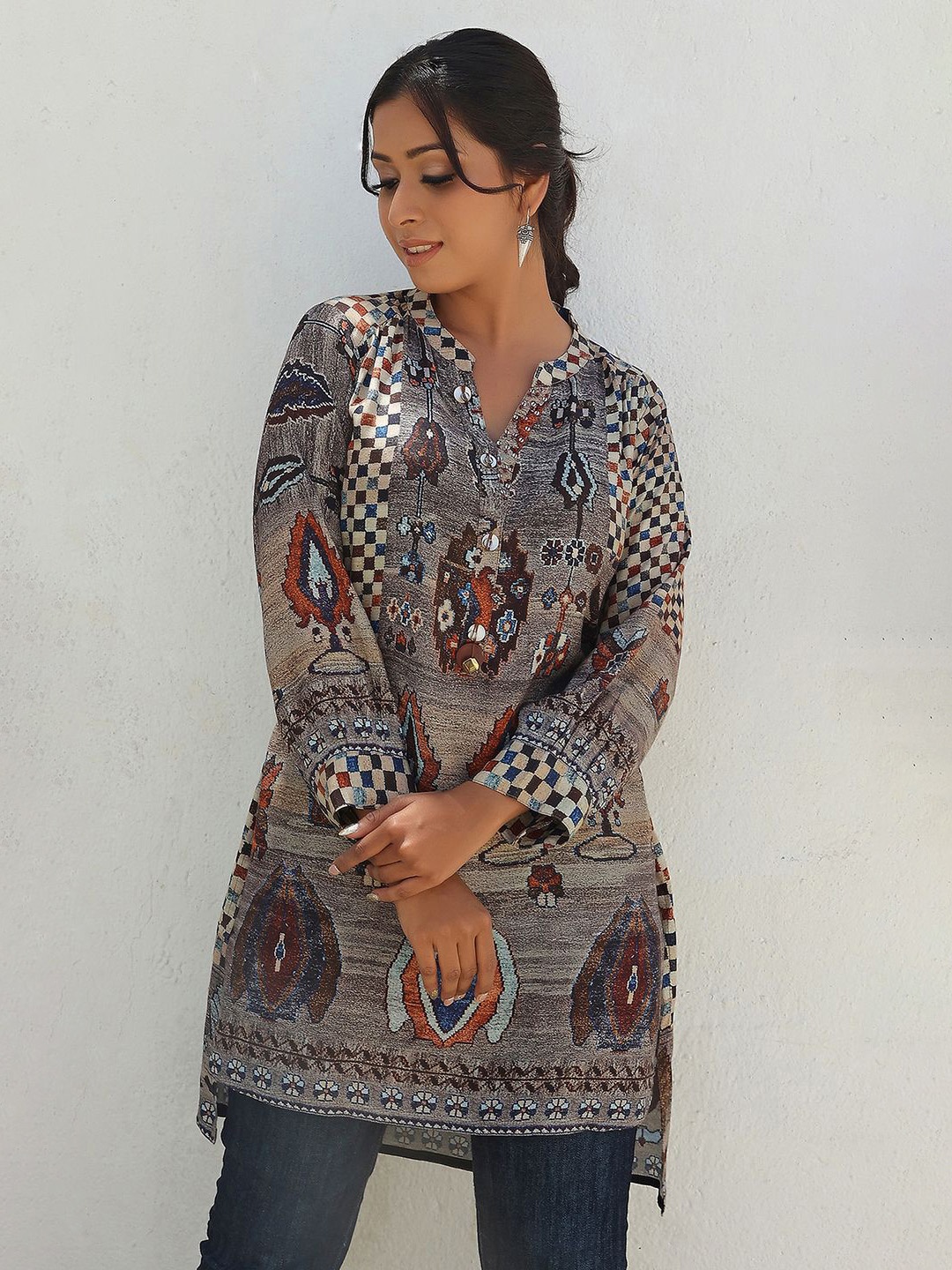 

Kaftanize Mandarin Collar Printed Tunic, Grey