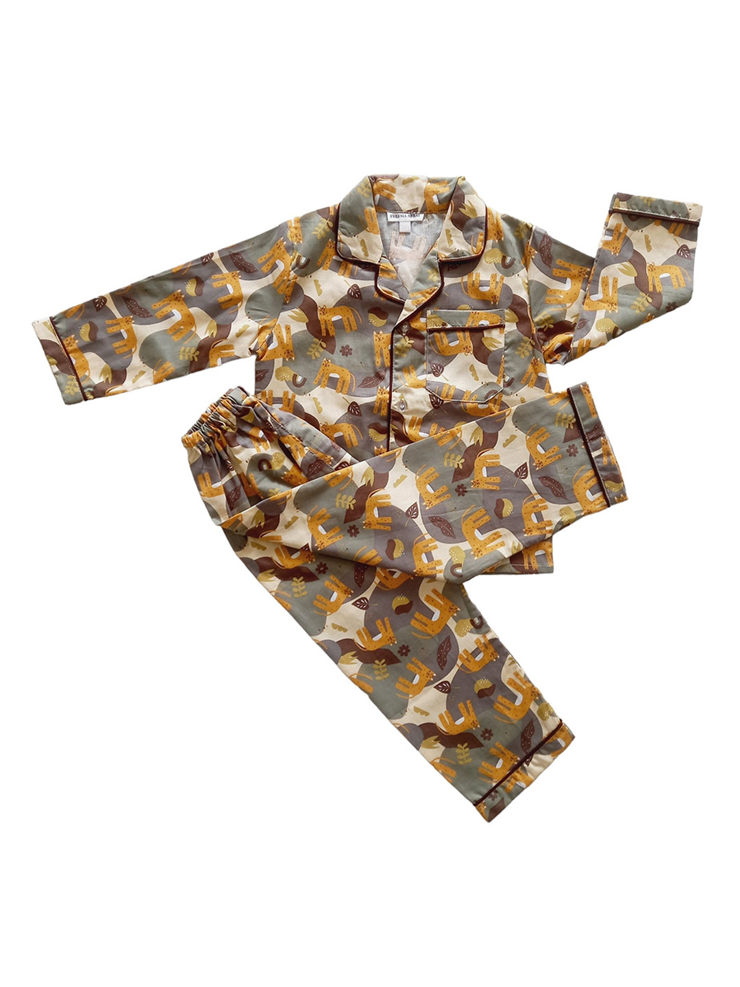 

Freesia Array Kids Lapel Collar Long Sleeves Printed Pure Cotton Night suit, Grey