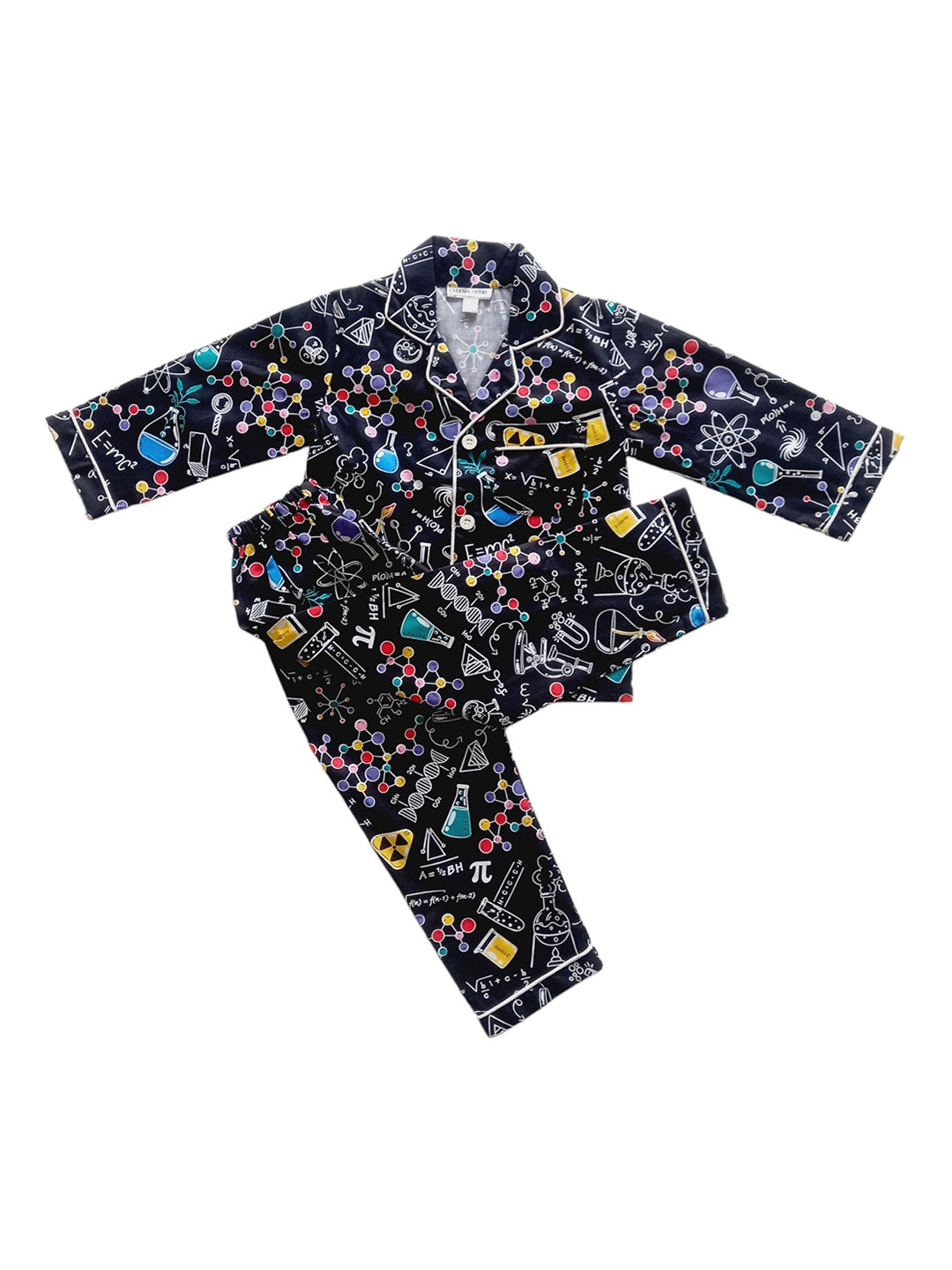 

Freesia Array Kids Lapel Collar Long Sleeves Printed Pure Cotton Night suit, Black