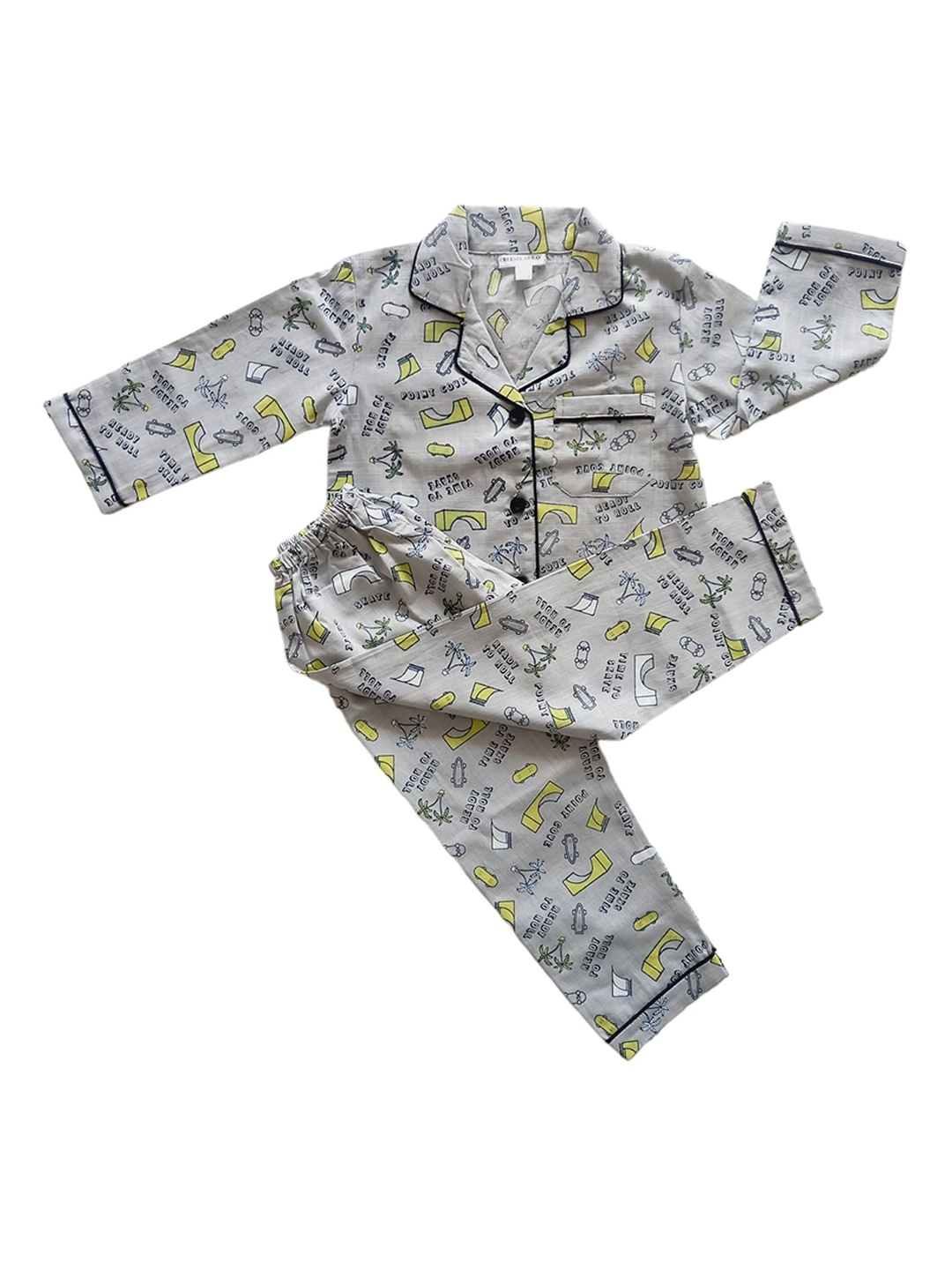 

Freesia Array Kids Lapel Collar Long Sleeves Printed Pure Cotton Night suit, Grey