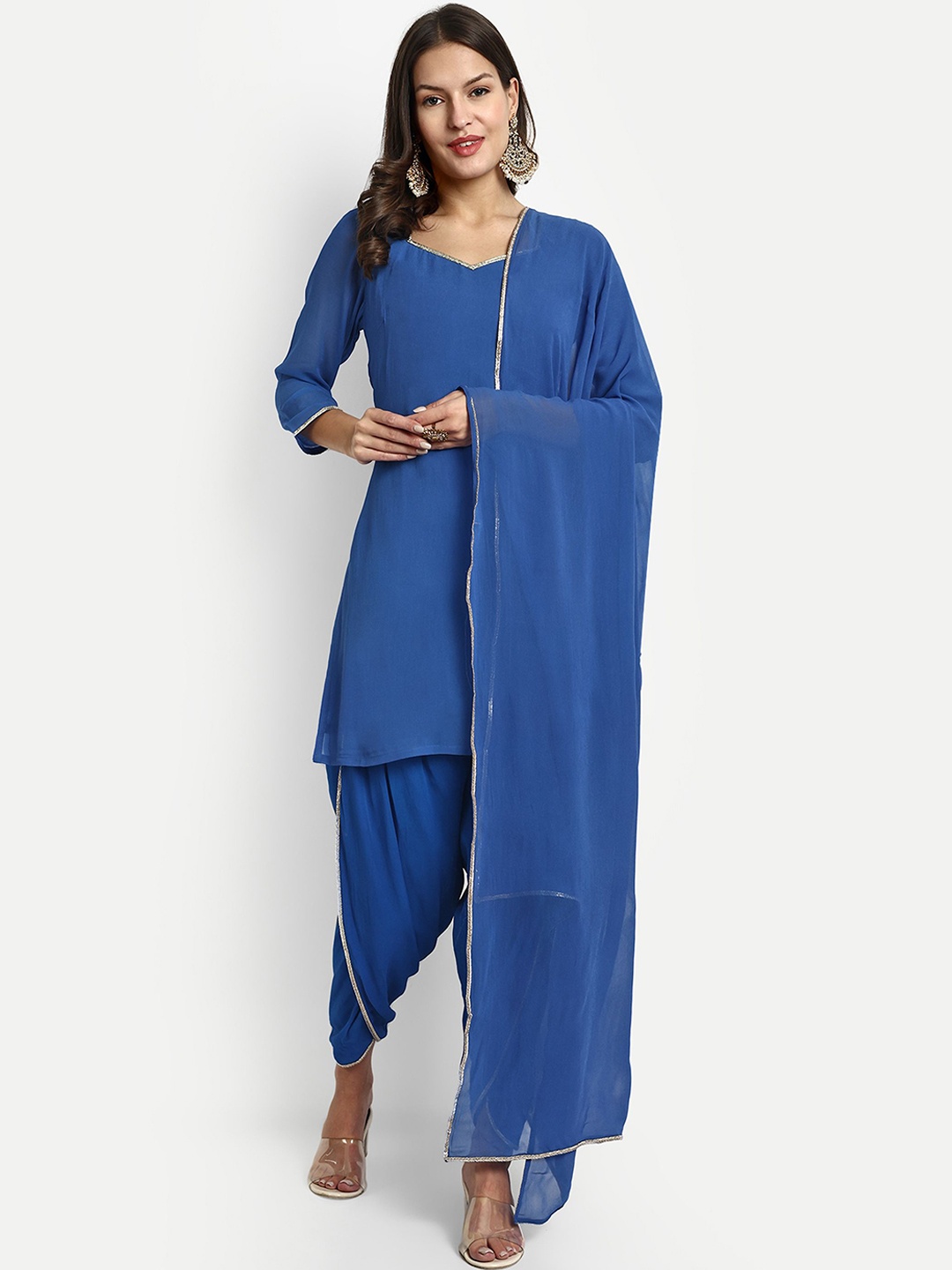 

GENDAFOOL V-Neck Straight Kurti with Dhoti Pants & Dupatta, Blue