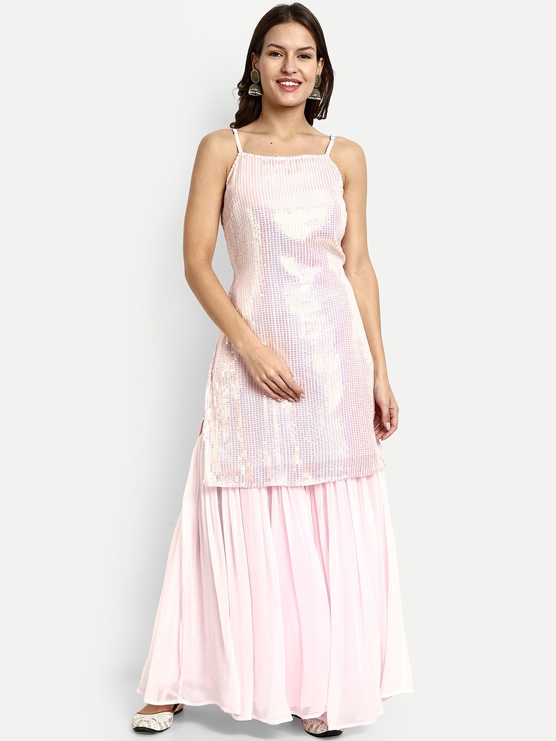 

GENDAFOOL Embroidered Shoulder Straps Sequinned Straight Kurta With Sharara & Dupatta, Pink