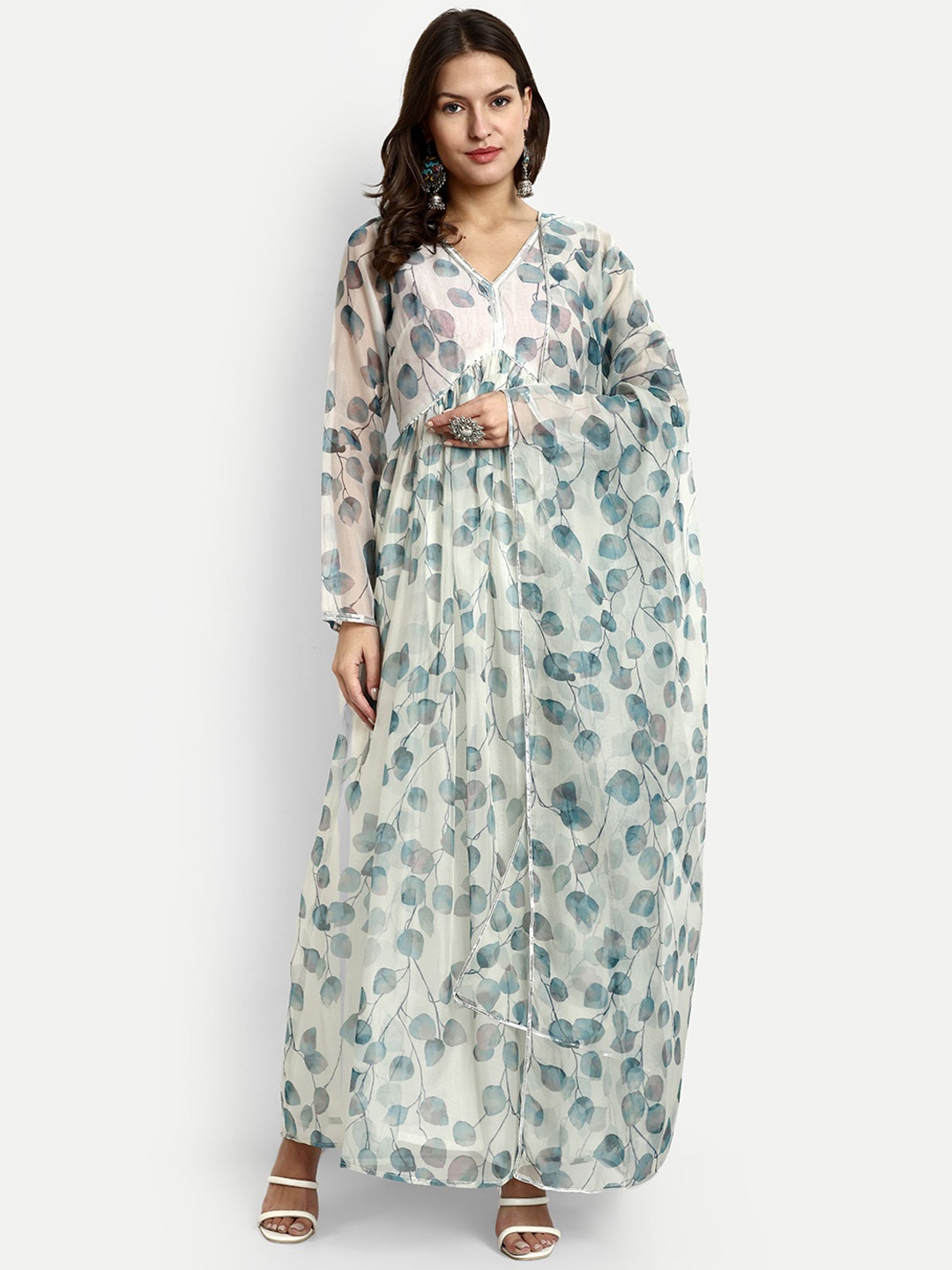 

GENDAFOOL Floral Printed Organza Pleated Anarkali Kurta With Leggings & Dupatta, White