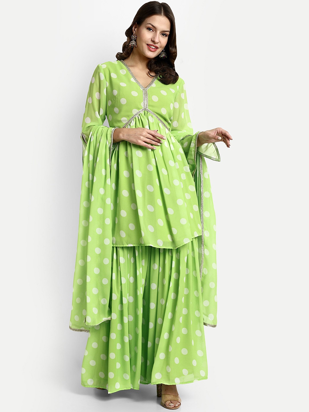 

GENDAFOOL Geometric Printed V-Neck A-Line Kurta With Sharara & Dupatta, Green