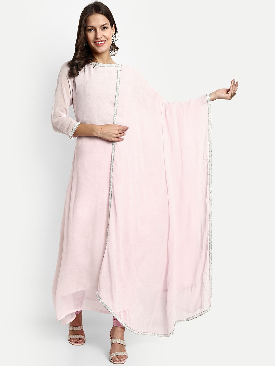 

GENDAFOOL Boat Neck Regular Beads and Stones Silk Georgette Kurta With Leggings & Dupatta, Pink