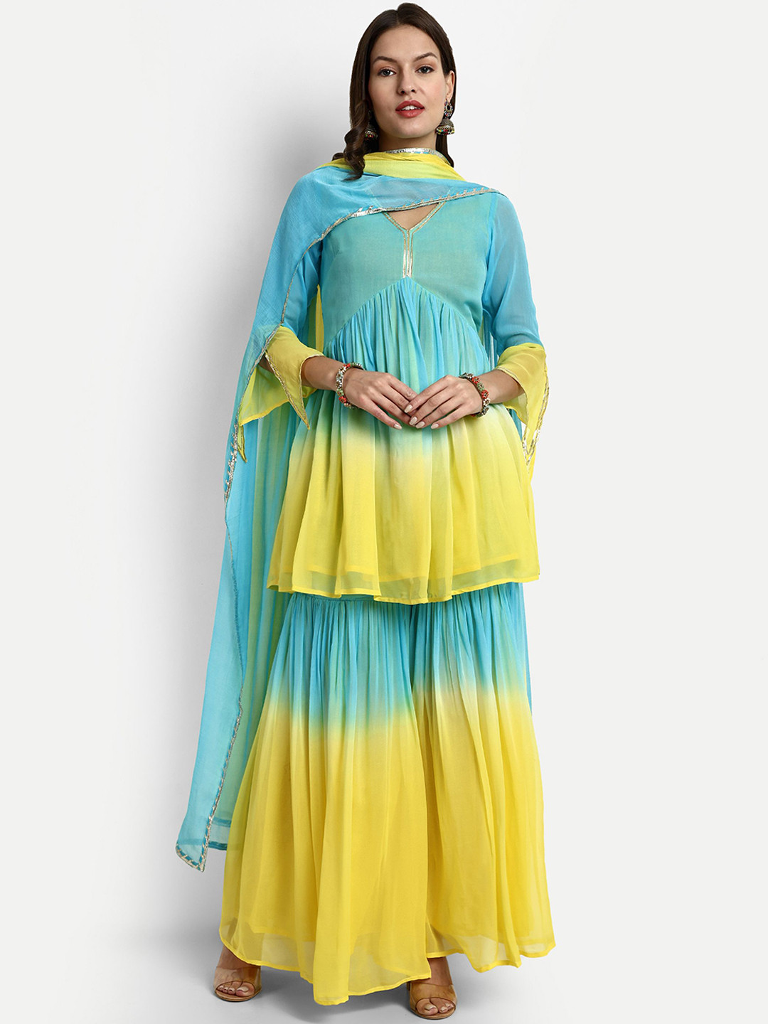 

GENDAFOOL Ombre Printed A-Line Kurti With Sharara & Dupatta, Blue