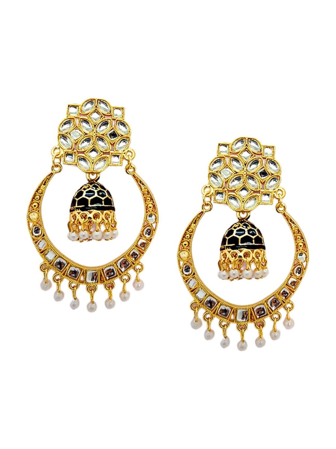 

Anouk Gold-Plated Stones Studded & Beaded Meenakari Crescent Shaped Chandbalis