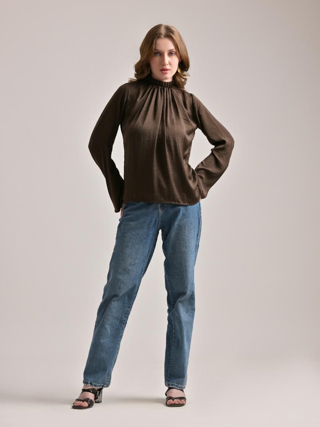 

The Samoa Women Solid Satin Full Sleeves Top, Brown