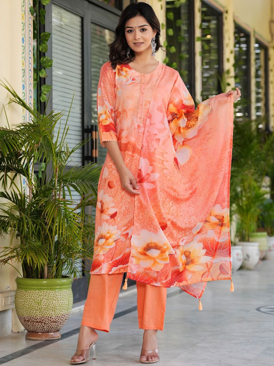 

Hatheli Floral Printed Beads and Stones Straight Kurta with Trousers & With Dupatta, Orange