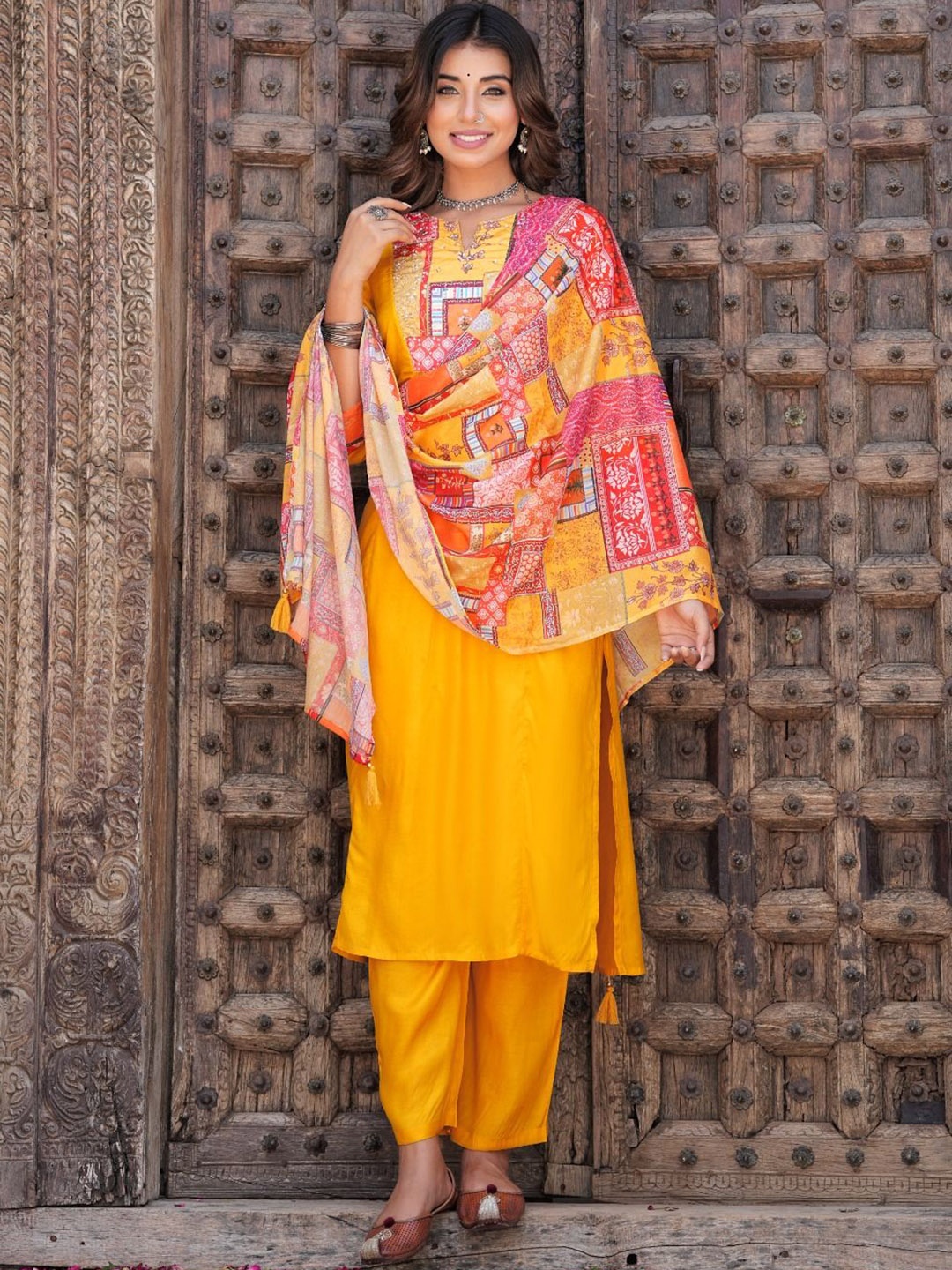 

Hatheli Ethnic Motifs Yoke Design Regular Sequinned Kurta With Trousers & Dupatta, Yellow