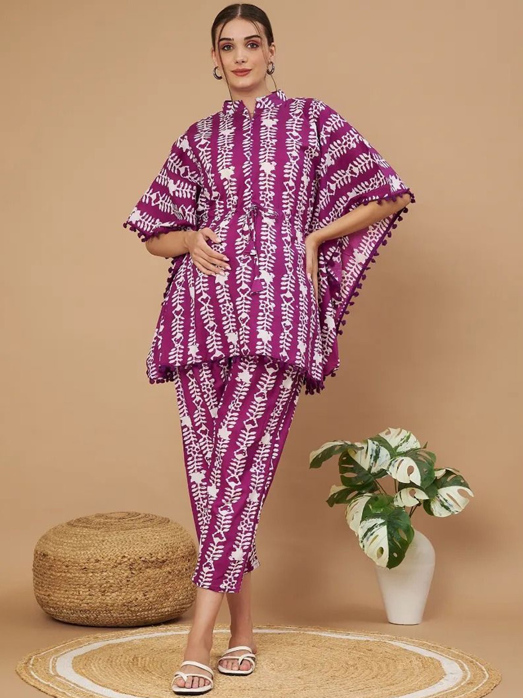 

Aaheli Printed Pure Cotton Maternity Kaftan Top With Trousers Co-Ords, Violet