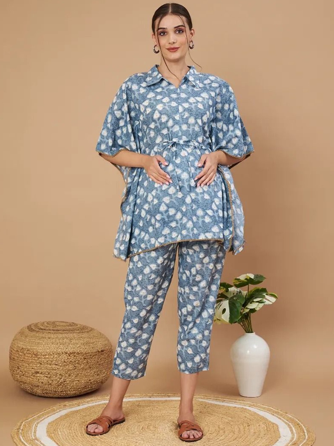 

Aaheli Printed Shirt Collar Pure Cotton Maternity Kaftan Top With Trousers, Blue